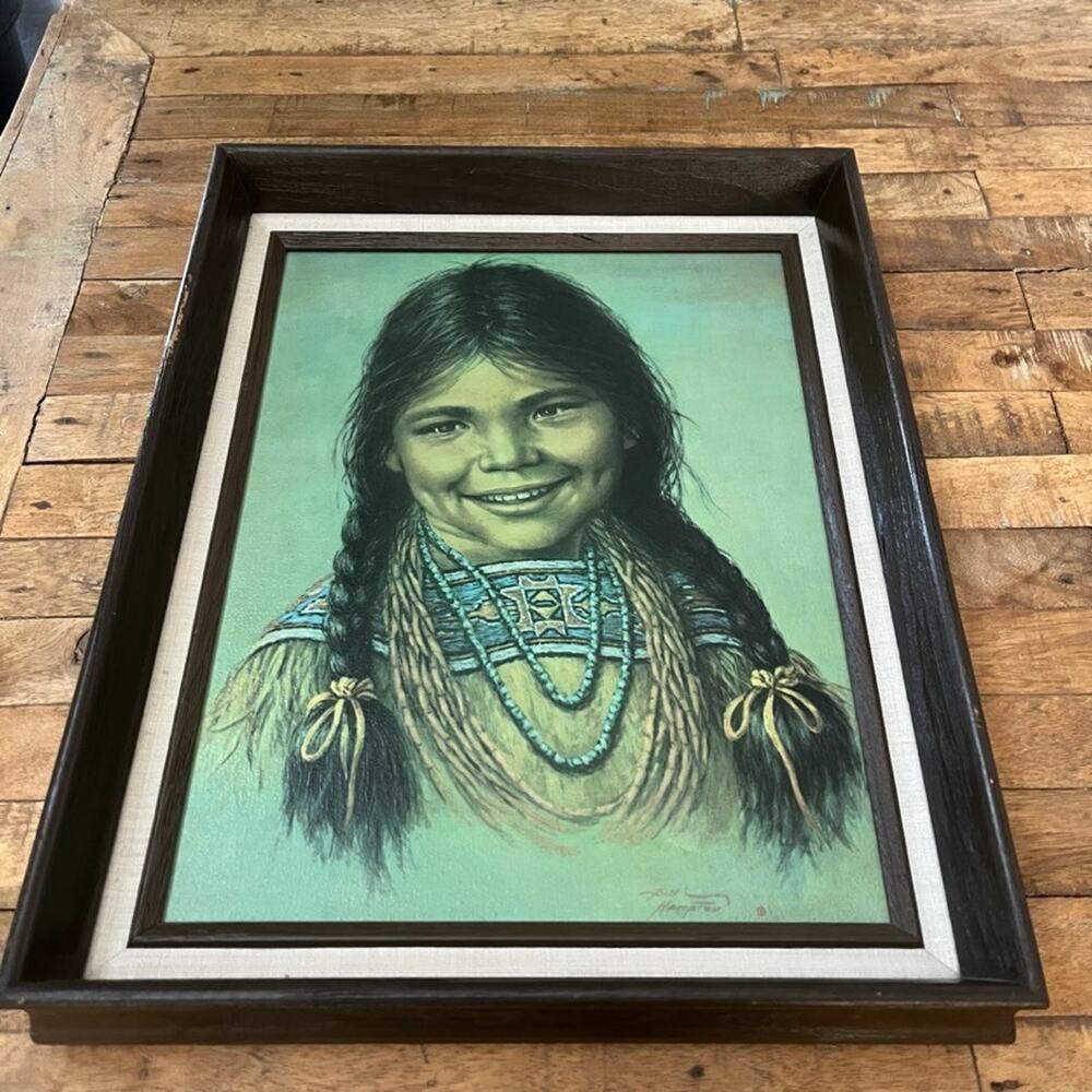 Vintage Framed Print Smiling Native American Girl by Bill Hampton 15 x 18.5 in